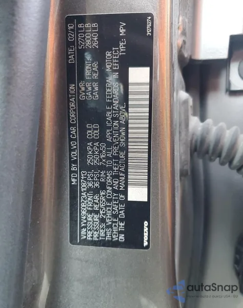 2010 Volvo Xc70 3.2 from USA, damaged, VIN YV4960BZ3A1087113